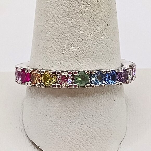 Women's Silver Plated CZ Eternity Band Size 10 Multi Color Rainbow Pride Lgbtq